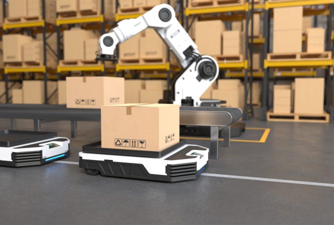 The Robot arm picks up the box to Autonomous Robot transportation in warehouses, Warehouse automation concept. 3D illustration