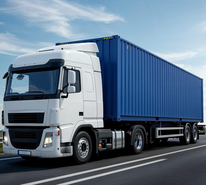 semi-truck-carrying-blue-shipping-container